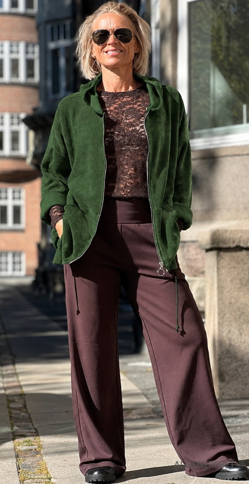 Melissa fløjlscardigan med hætte og lynlås mørk grøn LikeLondon