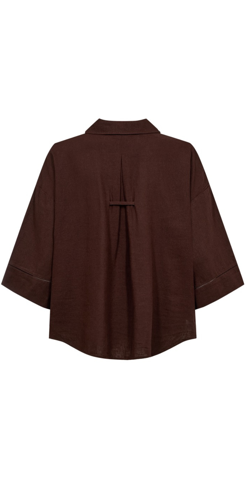 Laluna gennemknappet hørbluse med hulmønster coffee bean Freequent