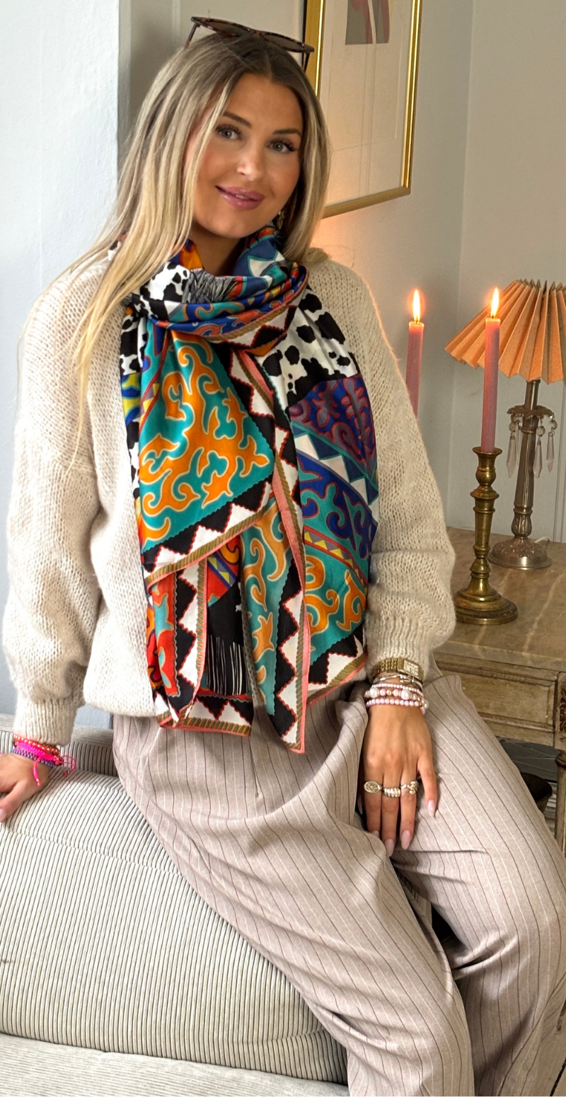 Tørklæde i silk-look med motiv af hest sort/orange LikeLondon