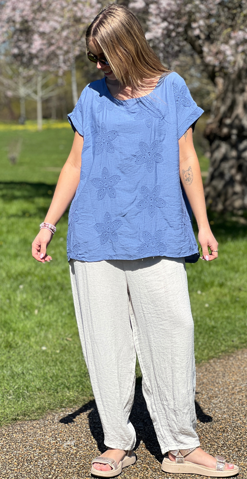 Zrita bluse med korte ærmer og hæklede blomster denim LikeLondon