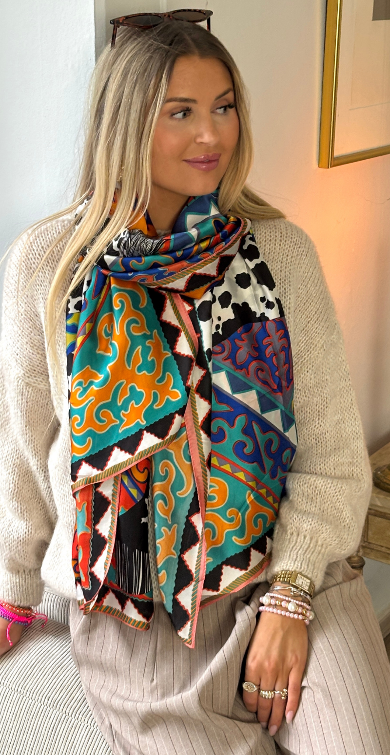 Tørklæde i silk-look med motiv af hest sort/orange LikeLondon