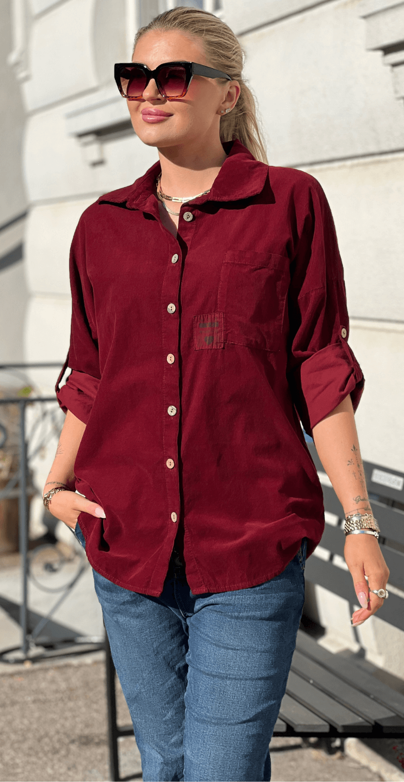 Venia fløjlsskjorte med lomme bordeaux LikeLondon