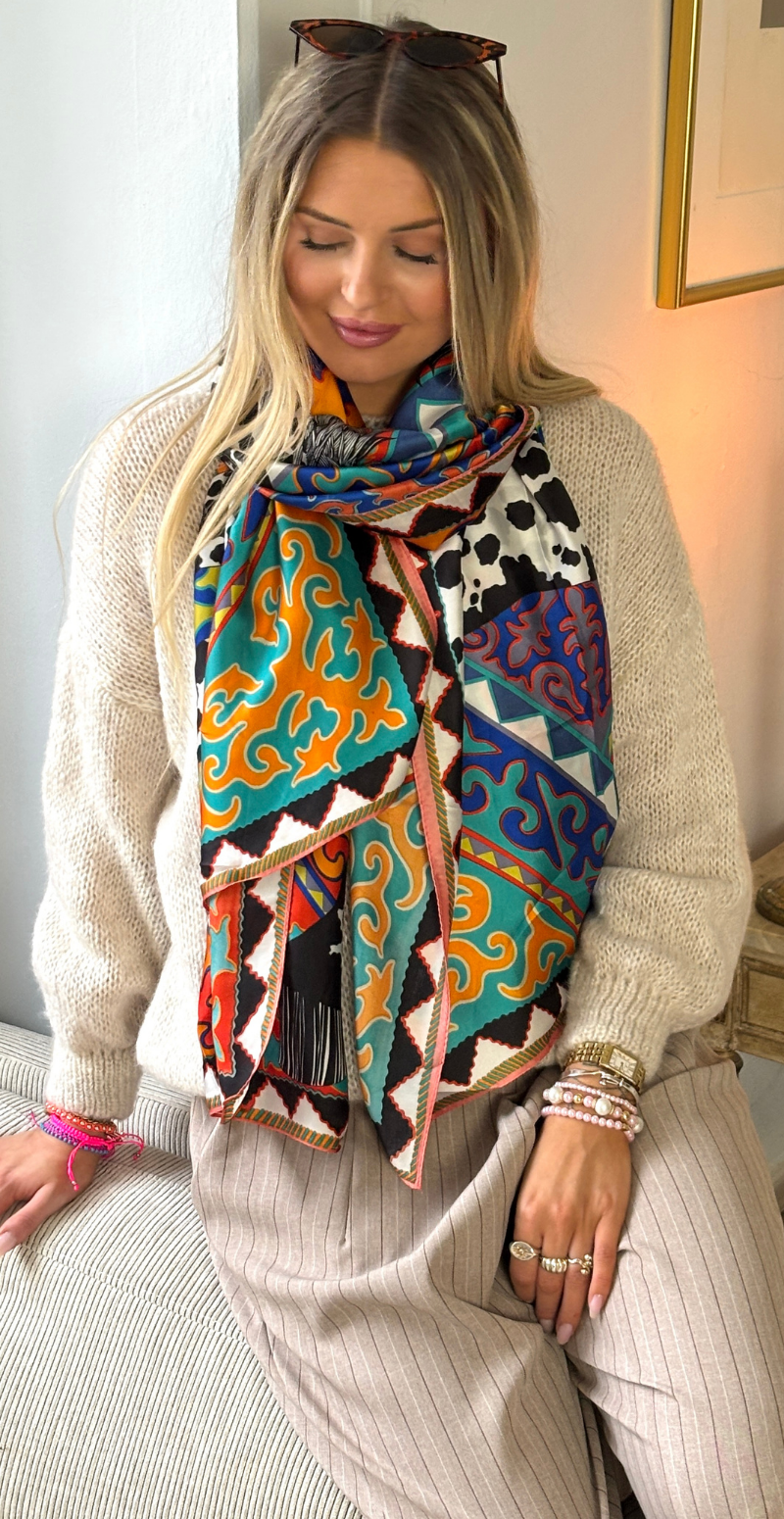 Tørklæde i silk-look med motiv af hest sort/orange LikeLondon