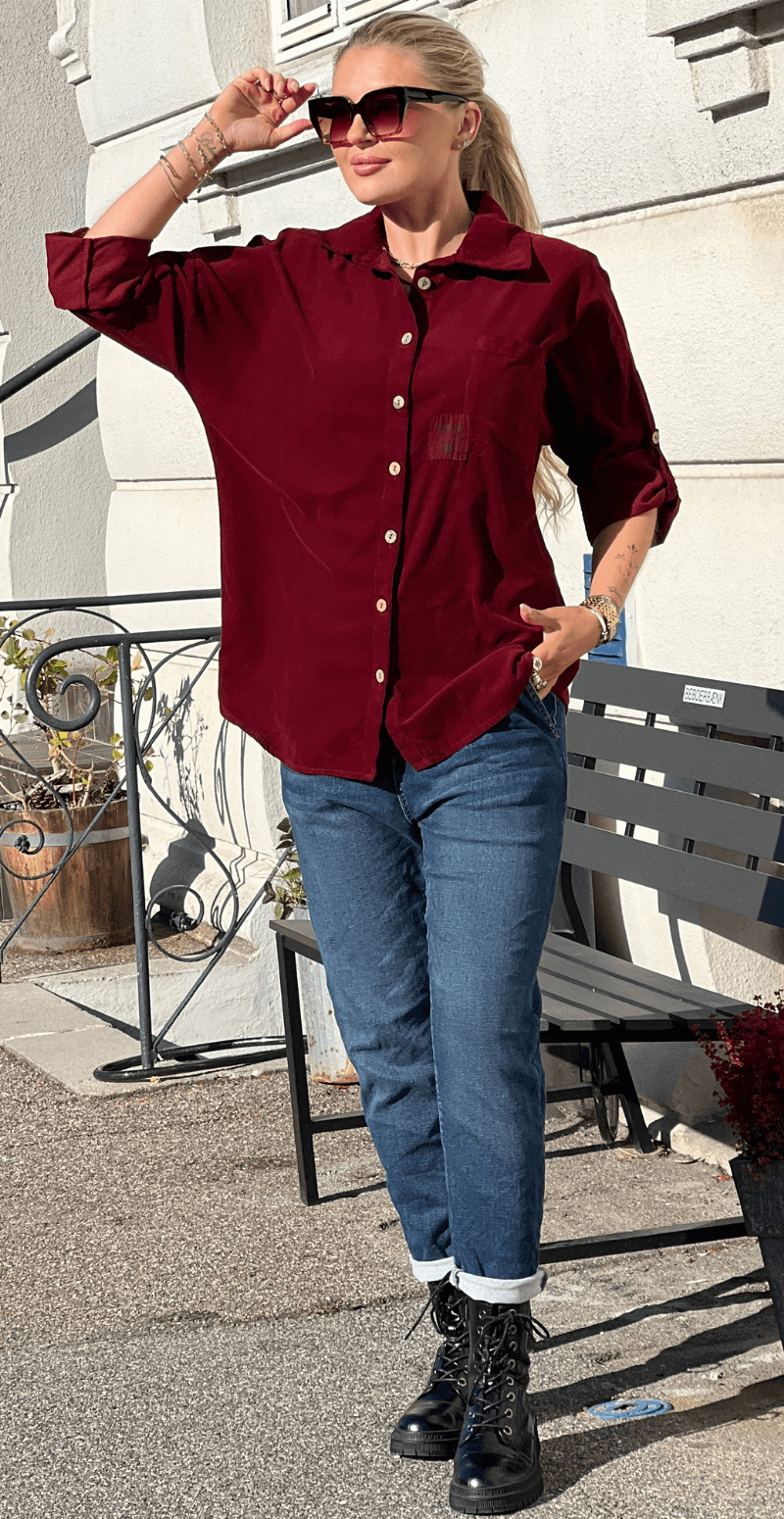 Venia fløjlsskjorte med lomme bordeaux LikeLondon