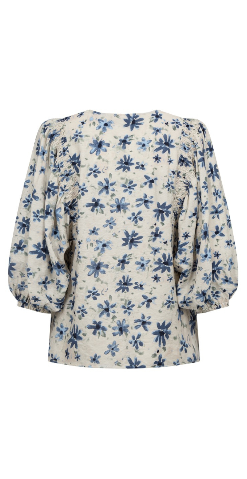 Jovi bluse med pufærmer og blomstermønster moonbeam w. vintage indigo Freequent