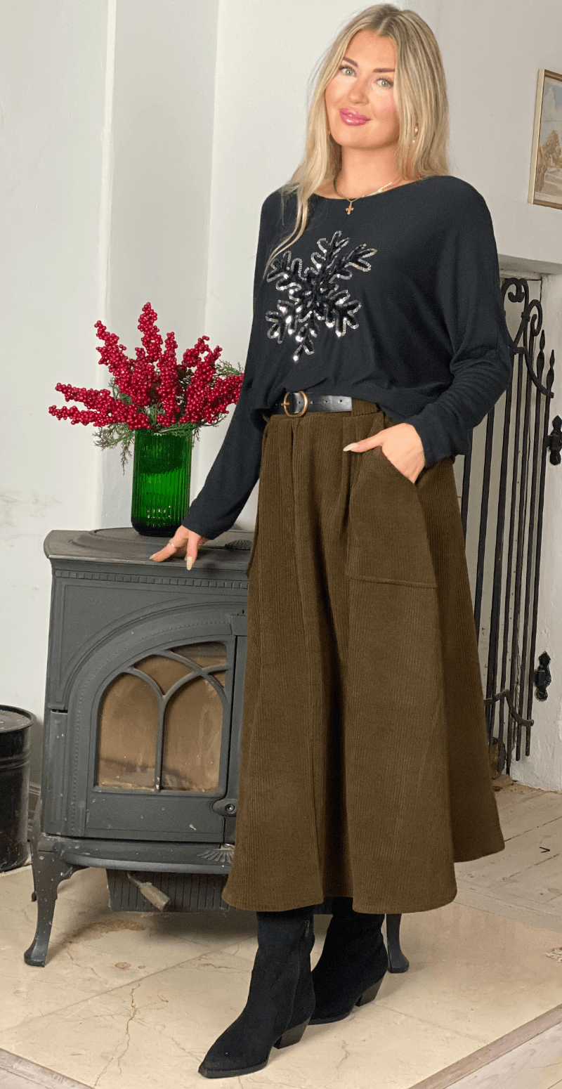 Ivy fløjlsnederdel med bælte og lommer brun LikeLondon