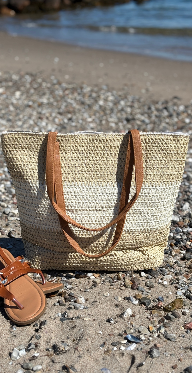 Flettaske med brede striber og lynlås beige LikeLondon