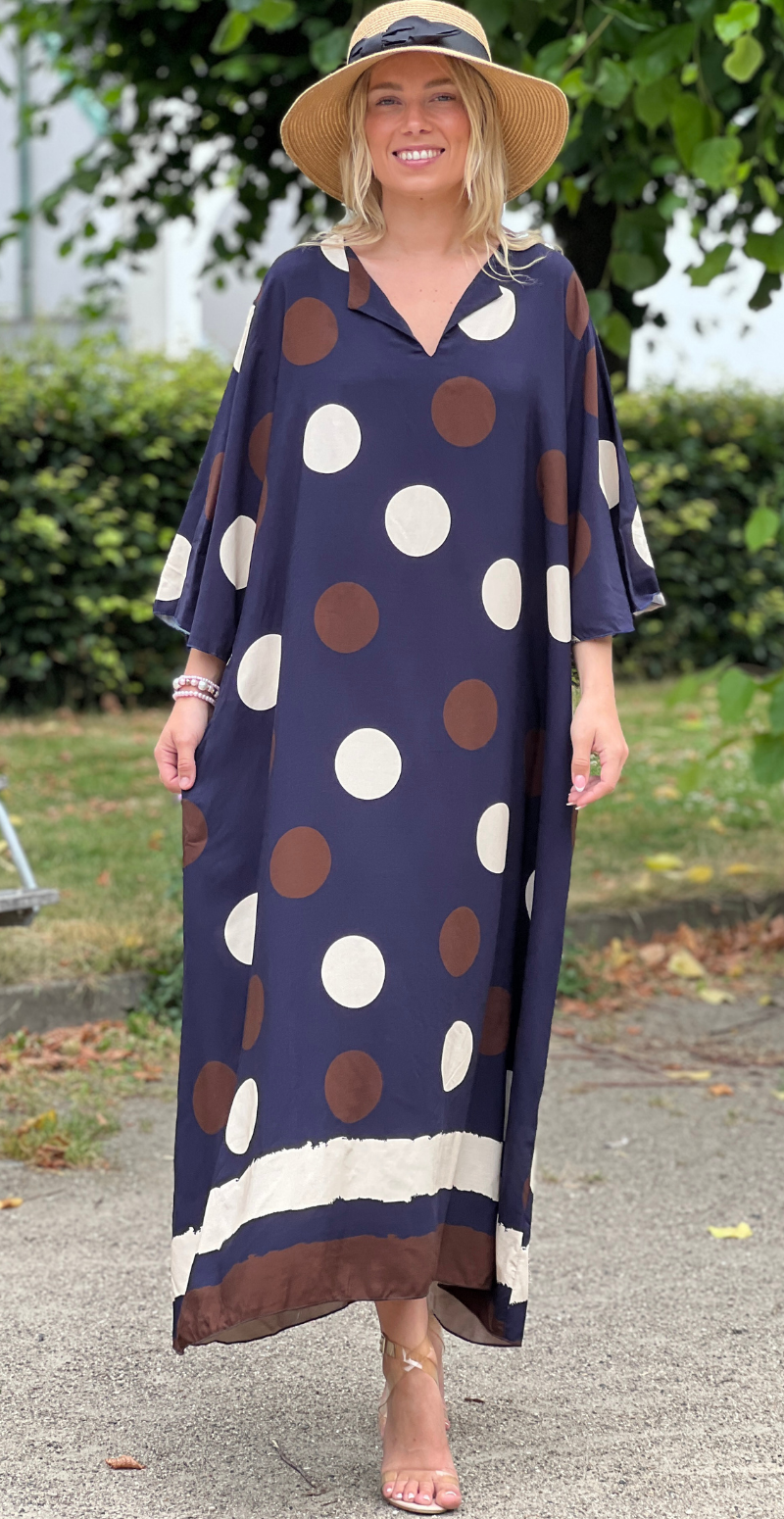 Effie lang kjole med store dots og lommer navy LikeLondon