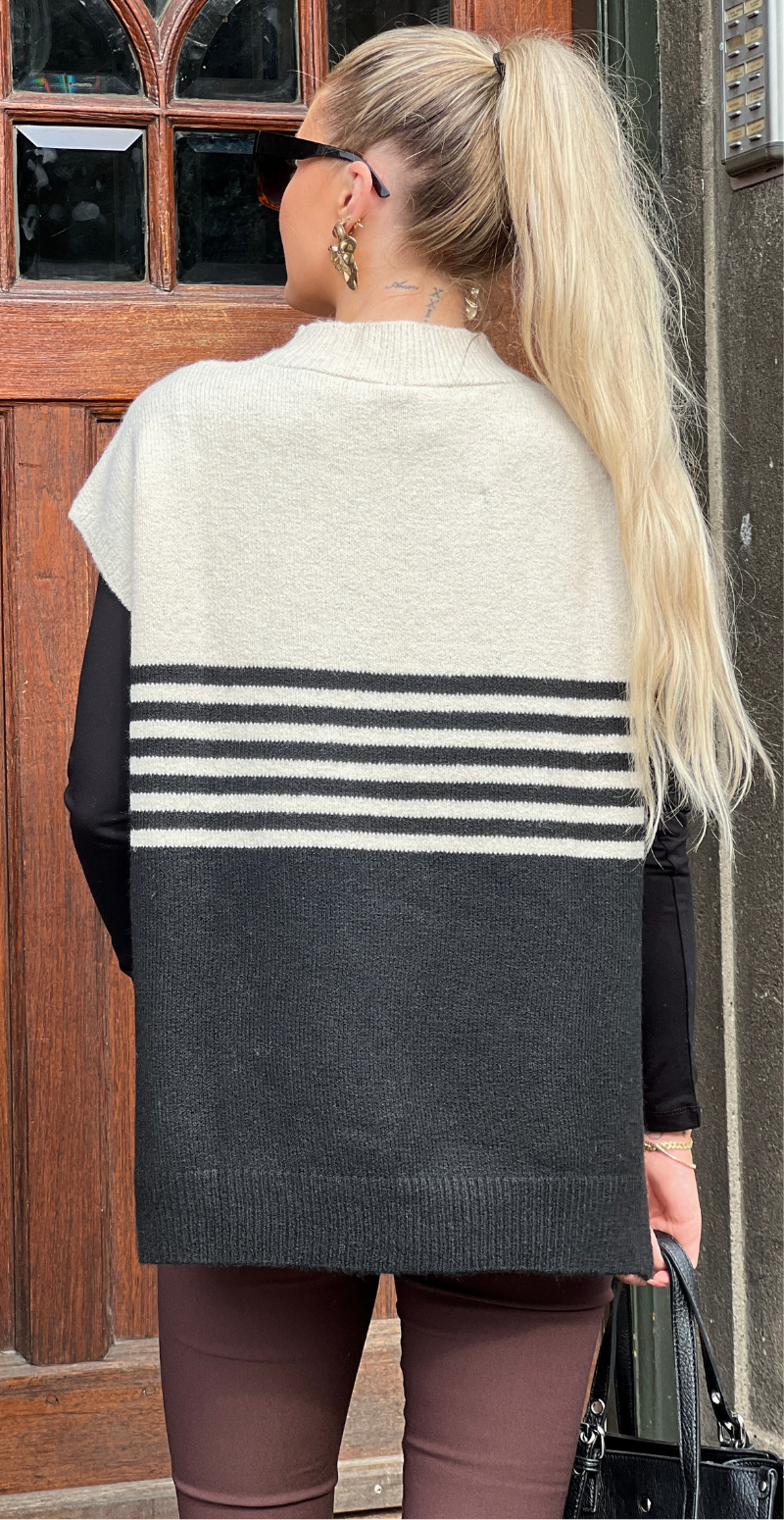 Melinda to-farvet strikvest med striber creme/sort LikeLondon