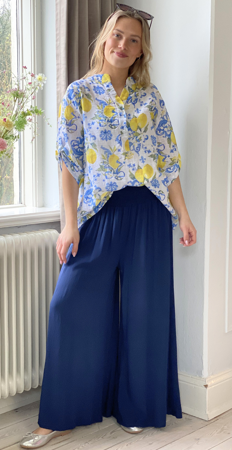 Peggy bukser med brede ben og smock navy LikeLondon