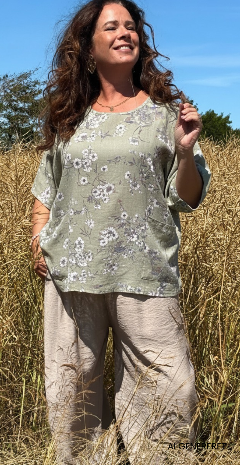 My bluse med blomsterprint og lommer fortil khaki LikeLondon