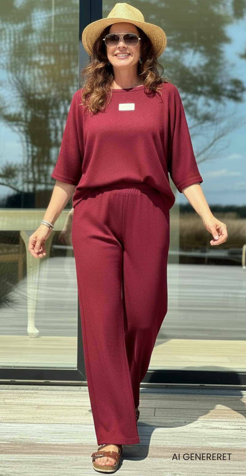 Tessie sæt med struktur og logo fortil bluse og bukser wine LikeLondon