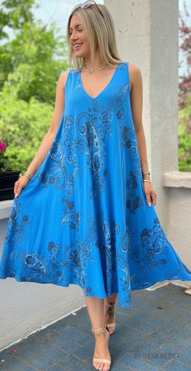 Safina vidde kjole uden ærmer med paisleyprint royalblue LikeLondon