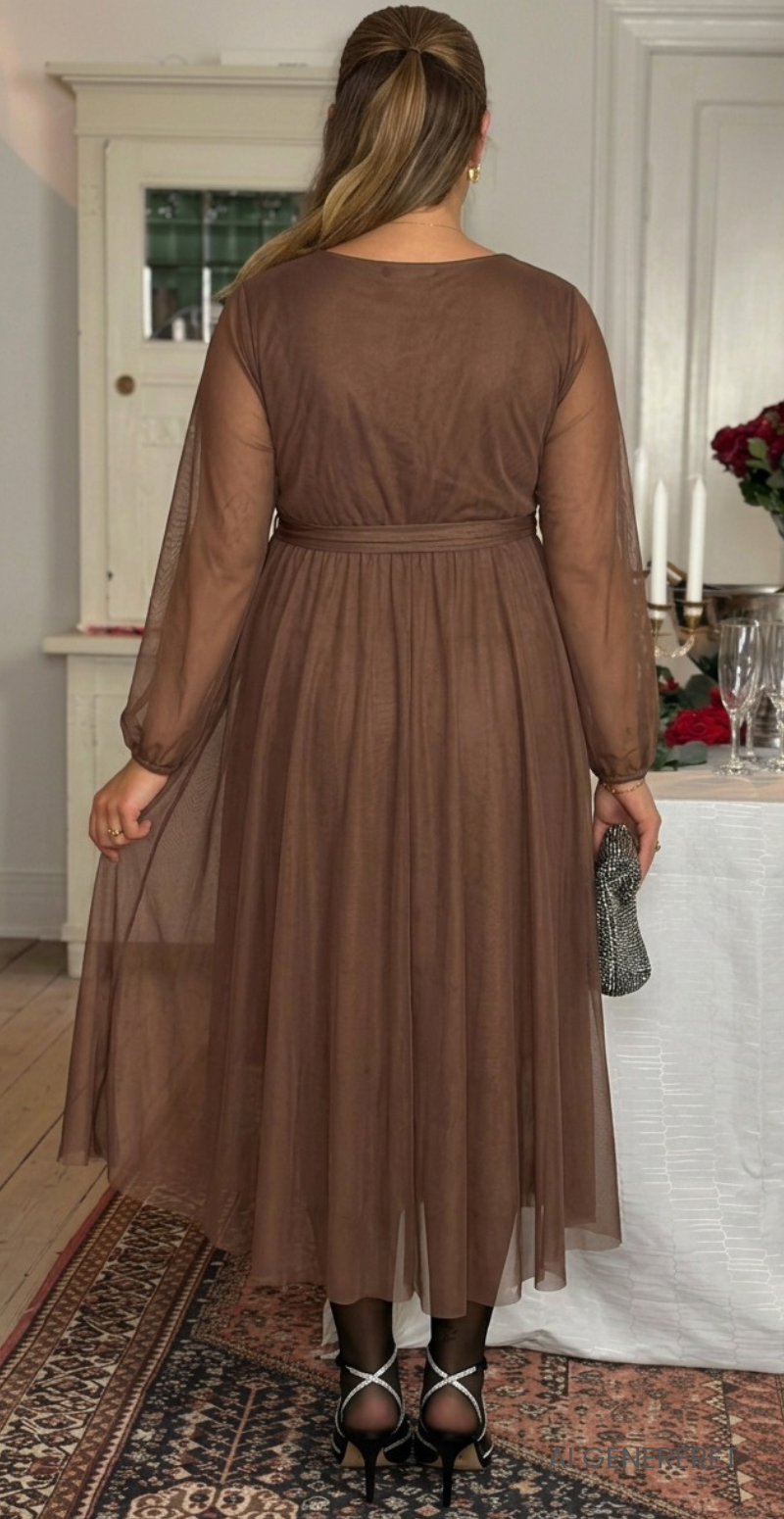 Angelika chiffon kjole med bindebånd mocca LikeLondon