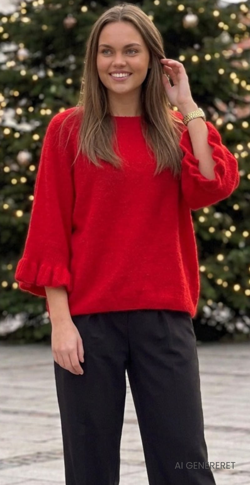 Louise strikbluse i baby alpaca med flæsedetaljer og 3/4 ærmer rød LikeLondon