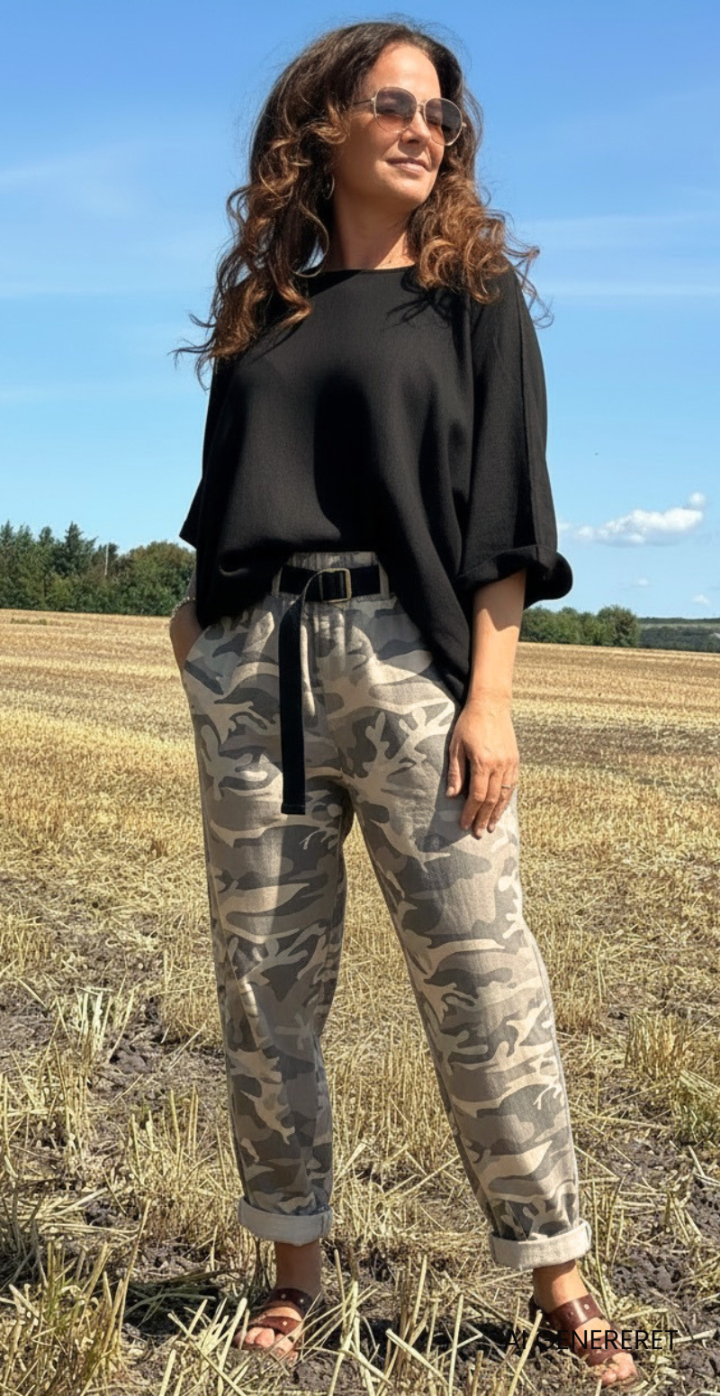 Jamila bukser med elastik i taljen og camouflage fango LikeLondon