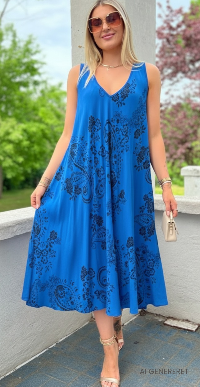 Safina vidde kjole uden ærmer med paisleyprint royalblue LikeLondon