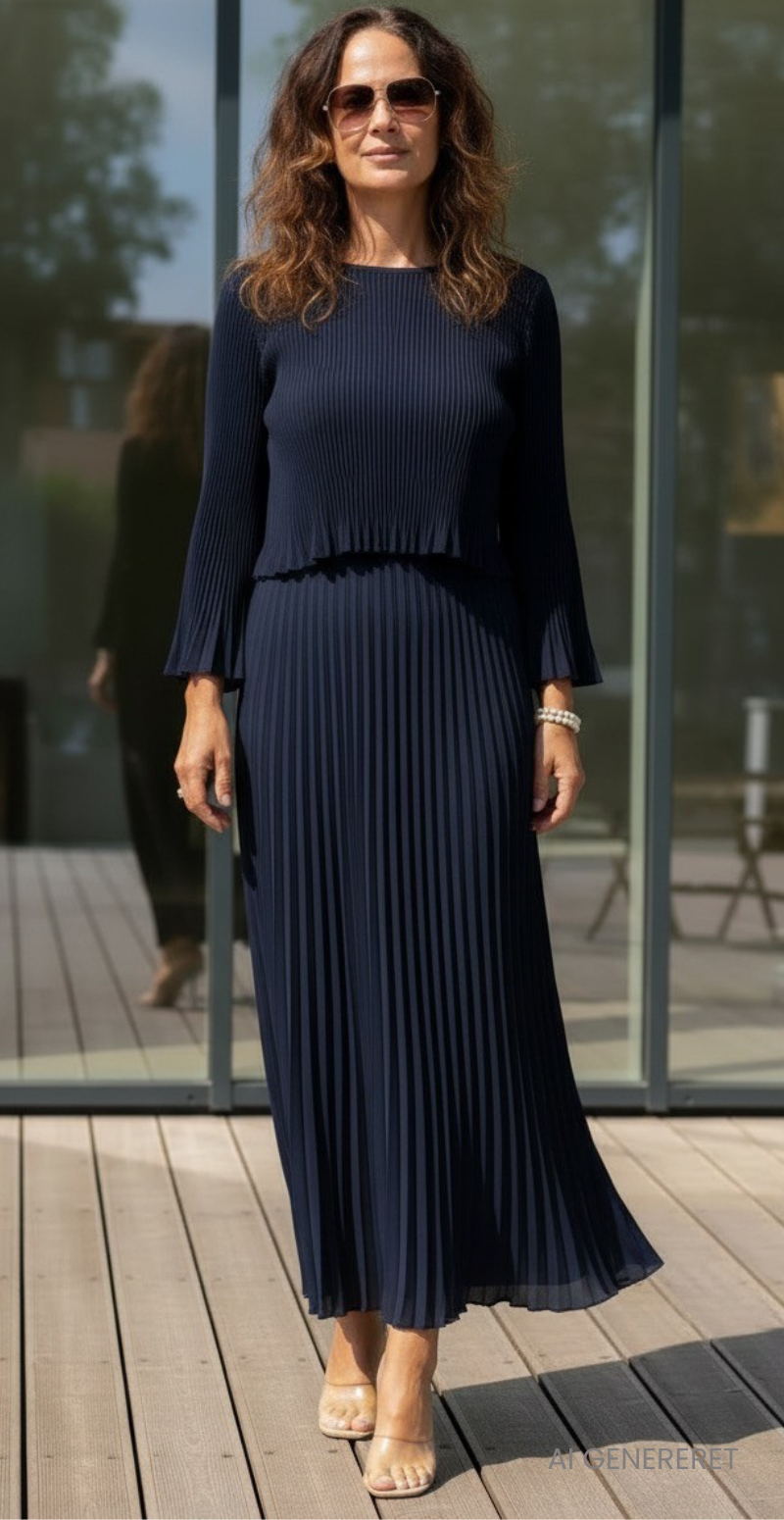 Carmen plisseret kjole med lange ærmer og elastik i taljen navy LikeLondon