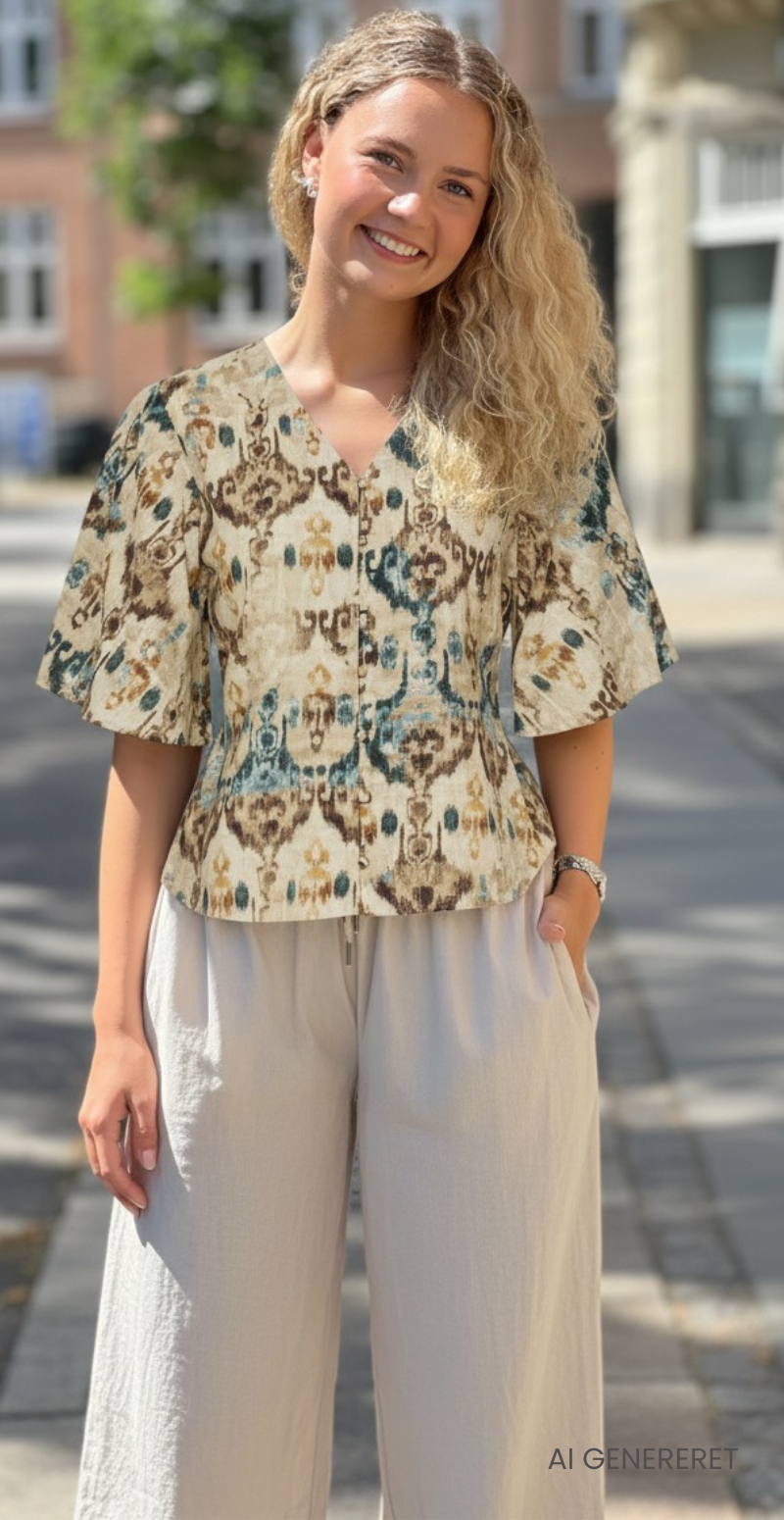 Ingkar gennemknappet bluse med elastik birch ethnic B.young