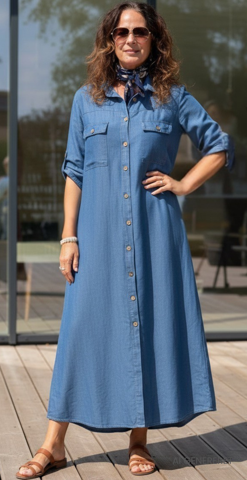 Iva denimkjole med lommer og knapper medium jeans LikeLondon
