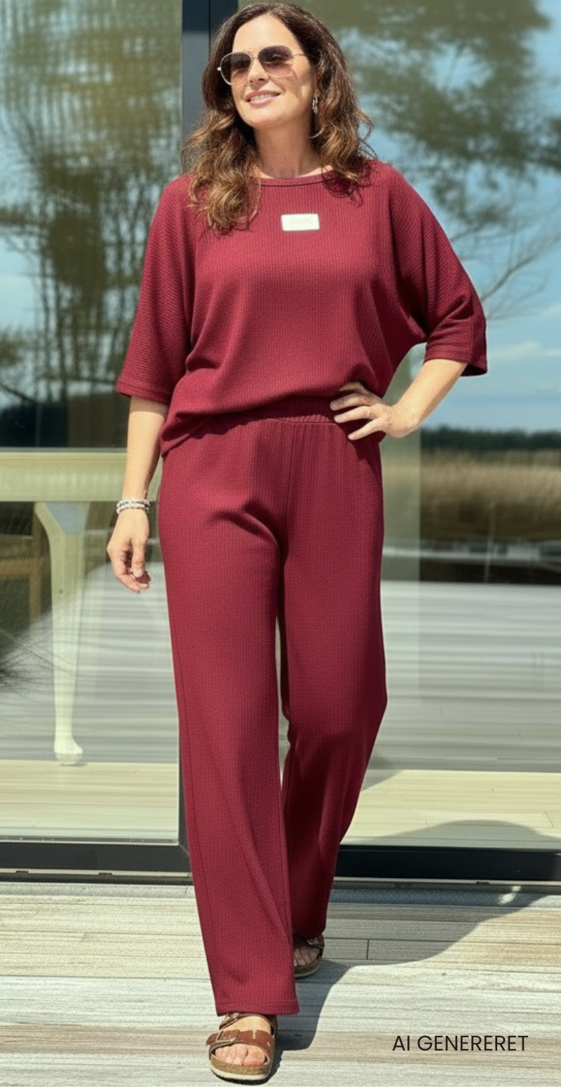 Tessie sæt med struktur og logo fortil bluse og bukser wine LikeLondon