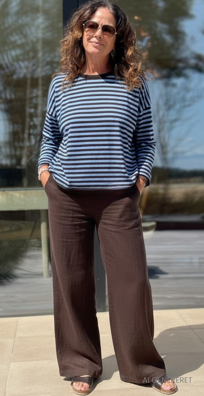 Zenia bluse med lange ærmer og striber sky blue/old brown LikeLondon