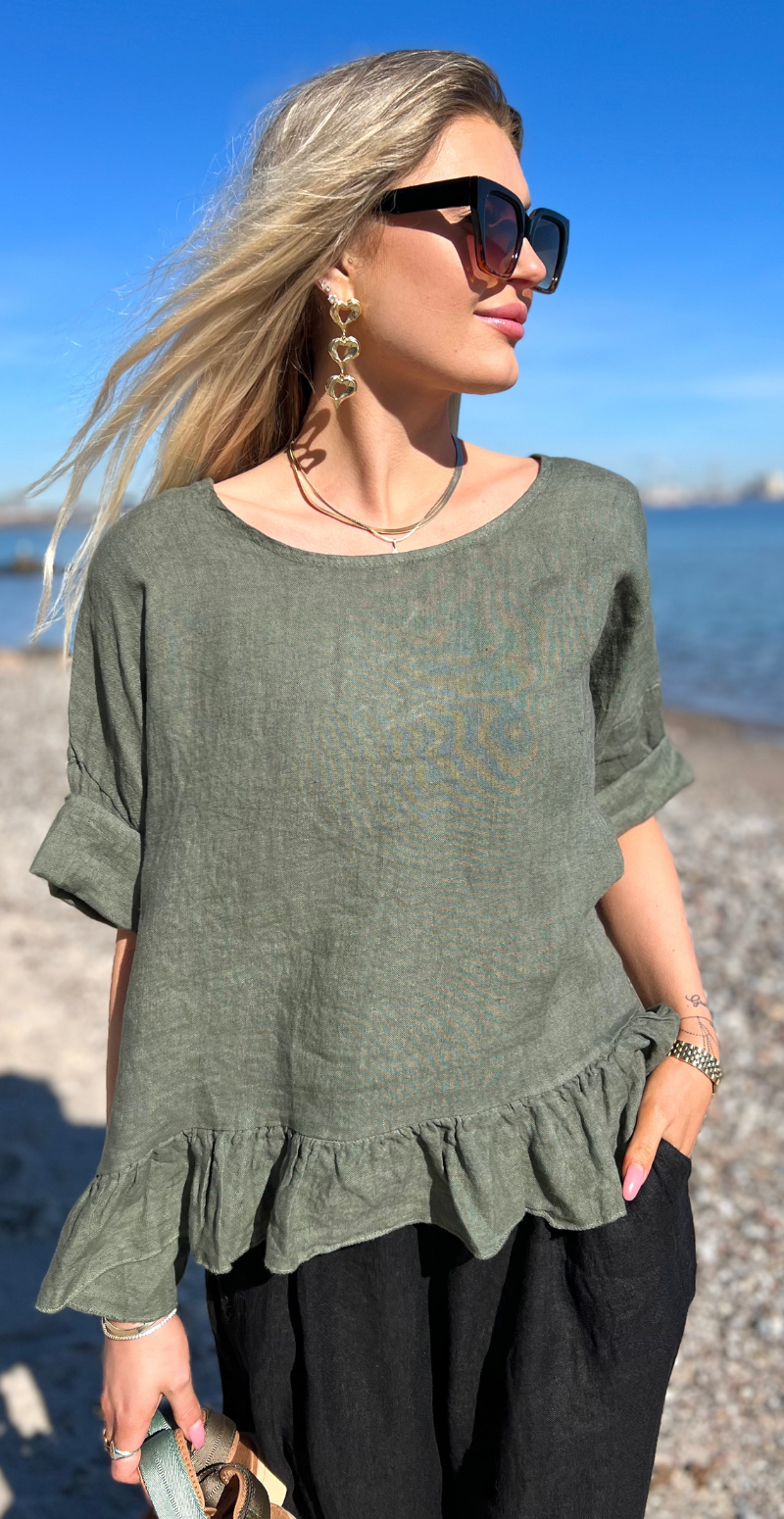 Freja hørbluse med peplum khaki LikeLondon