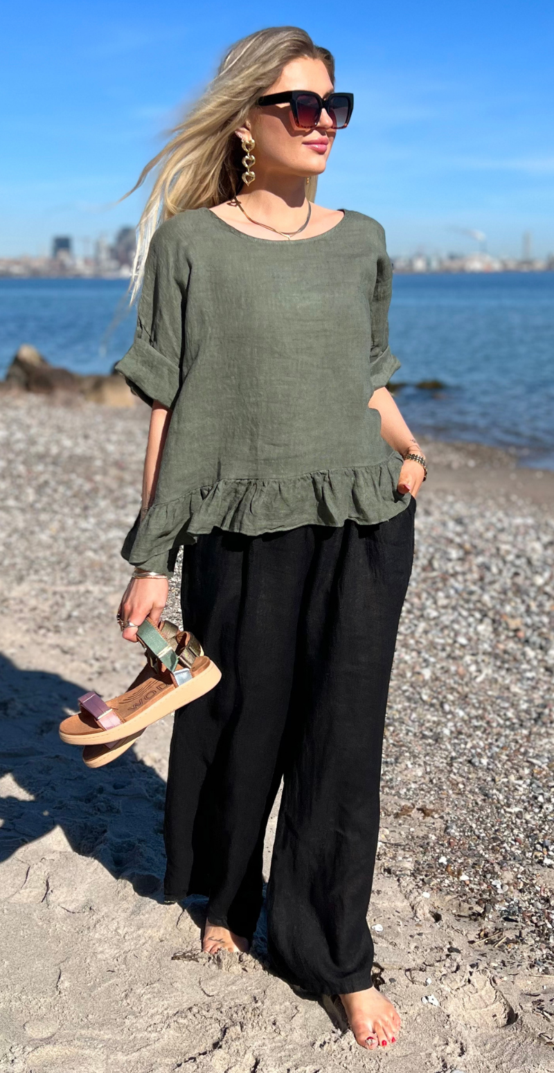 Freja hørbluse med peplum khaki LikeLondon