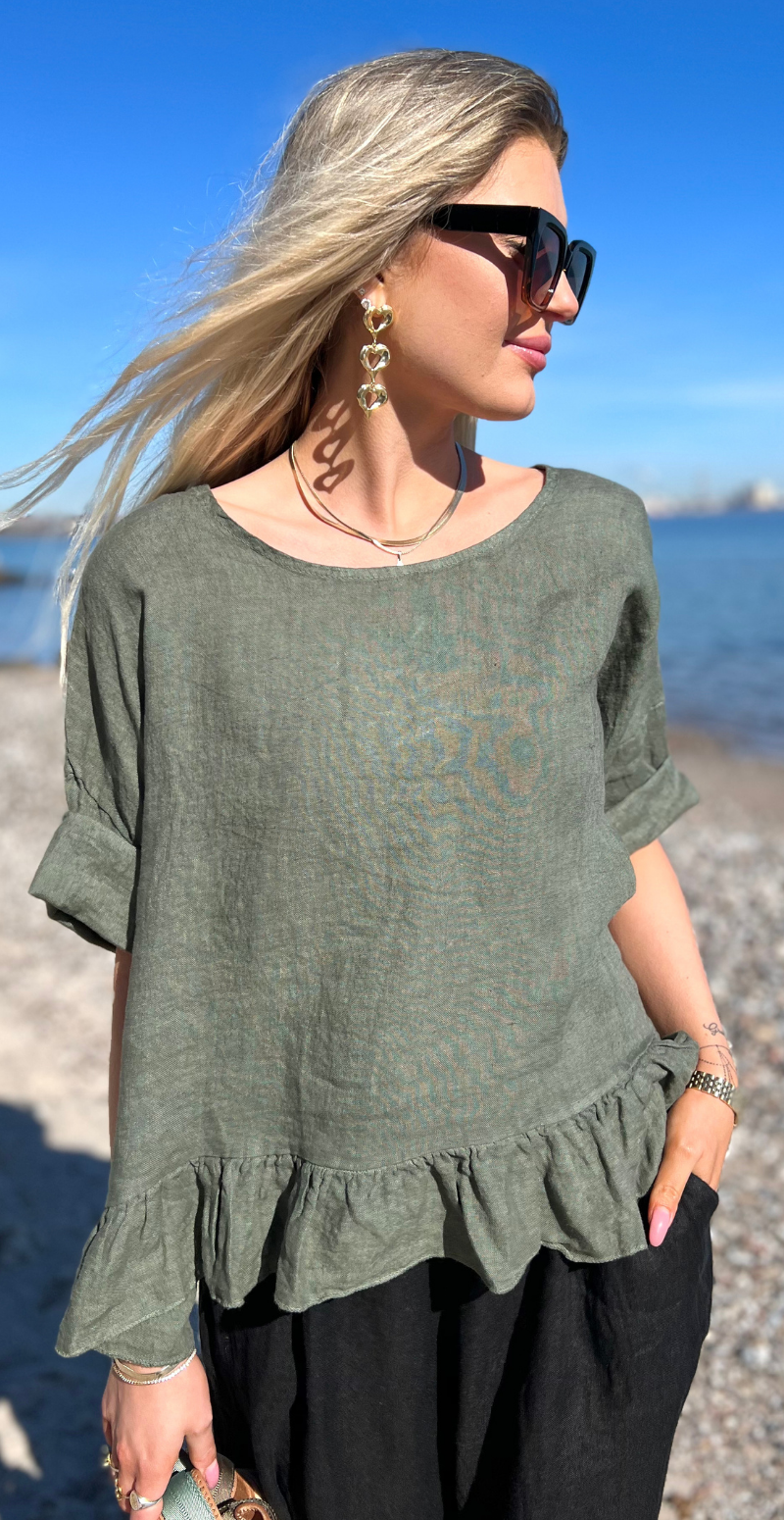 Freja hørbluse med peplum khaki LikeLondon