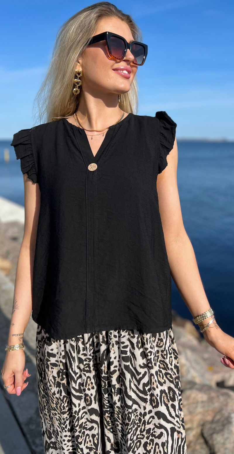 sort lotus bluse med korte flæseærmer likelondon