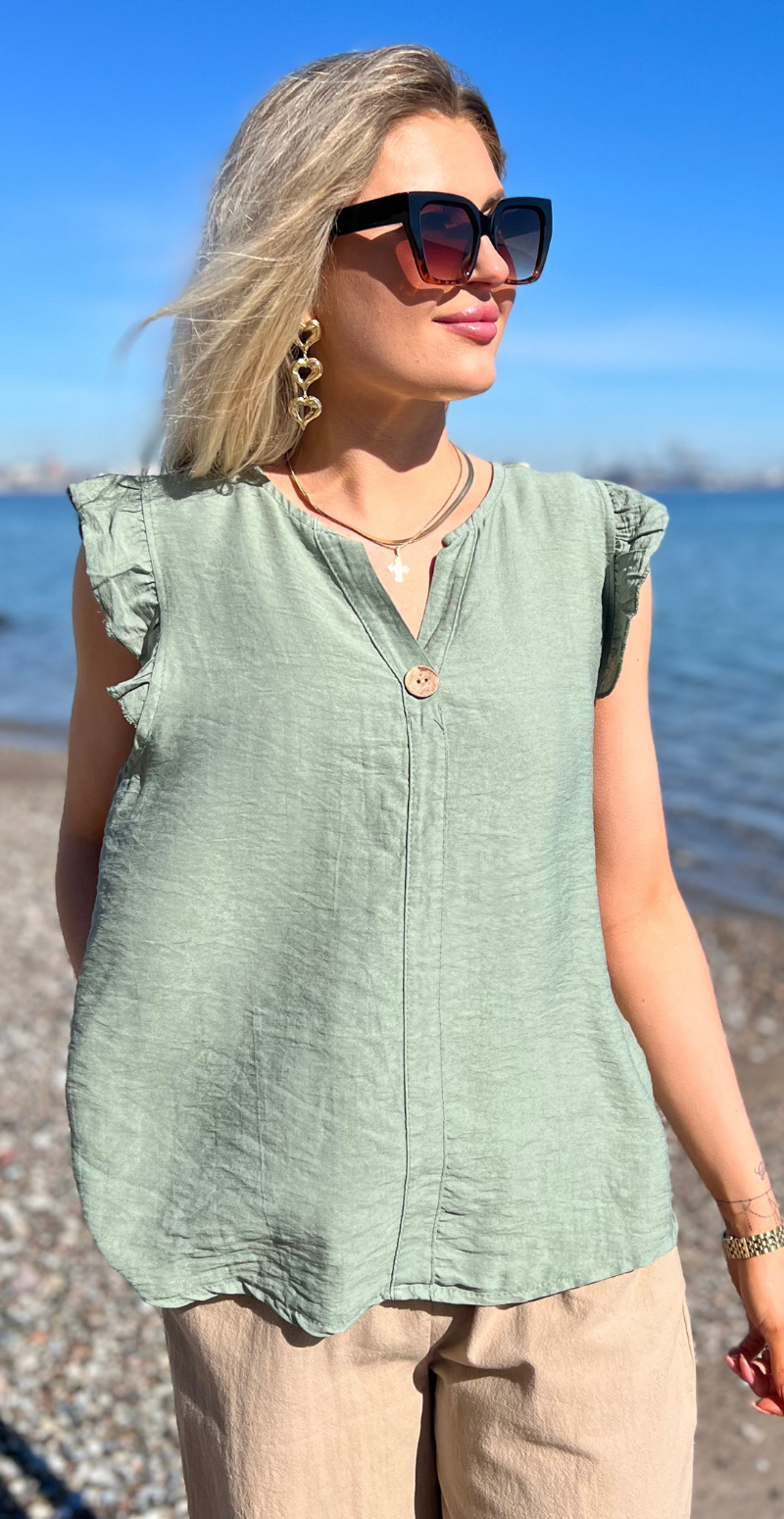 Lotus bluse med flæse detaljer khaki LikeLondon