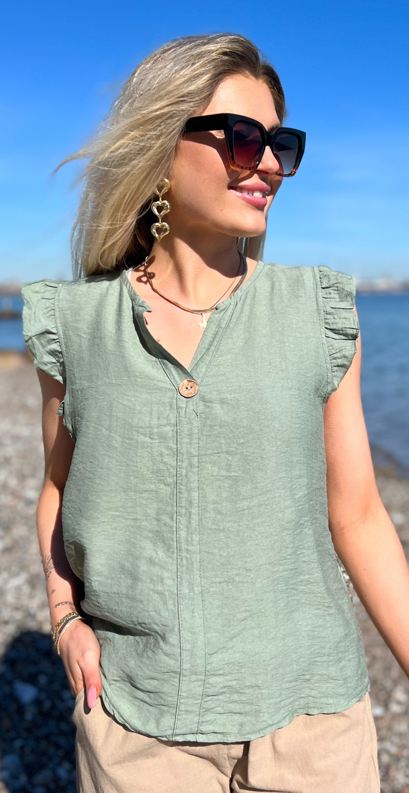 Lotus bluse med flæse detaljer khaki LikeLondon