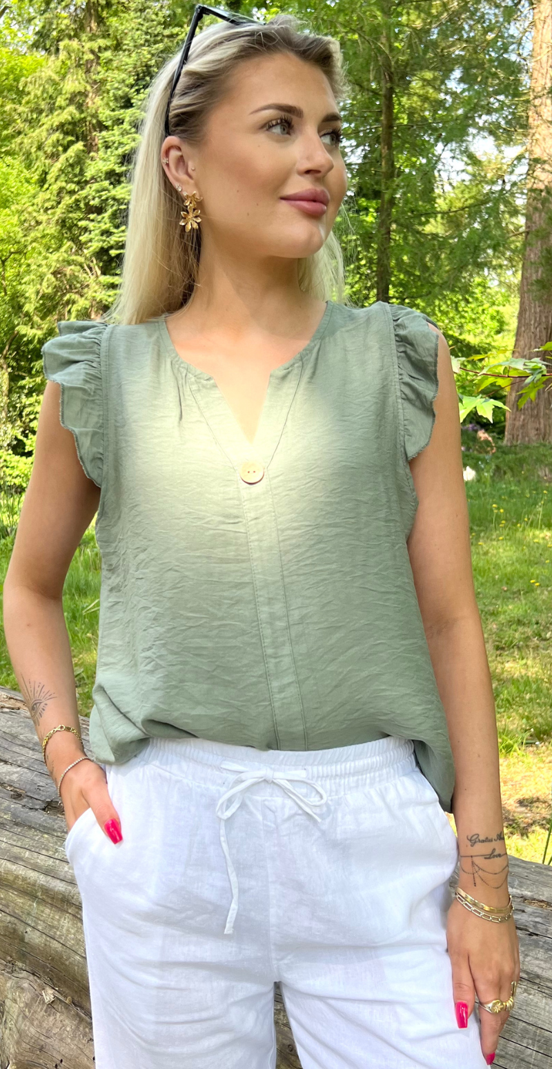 Lotus bluse med flæse detaljer khaki LikeLondon