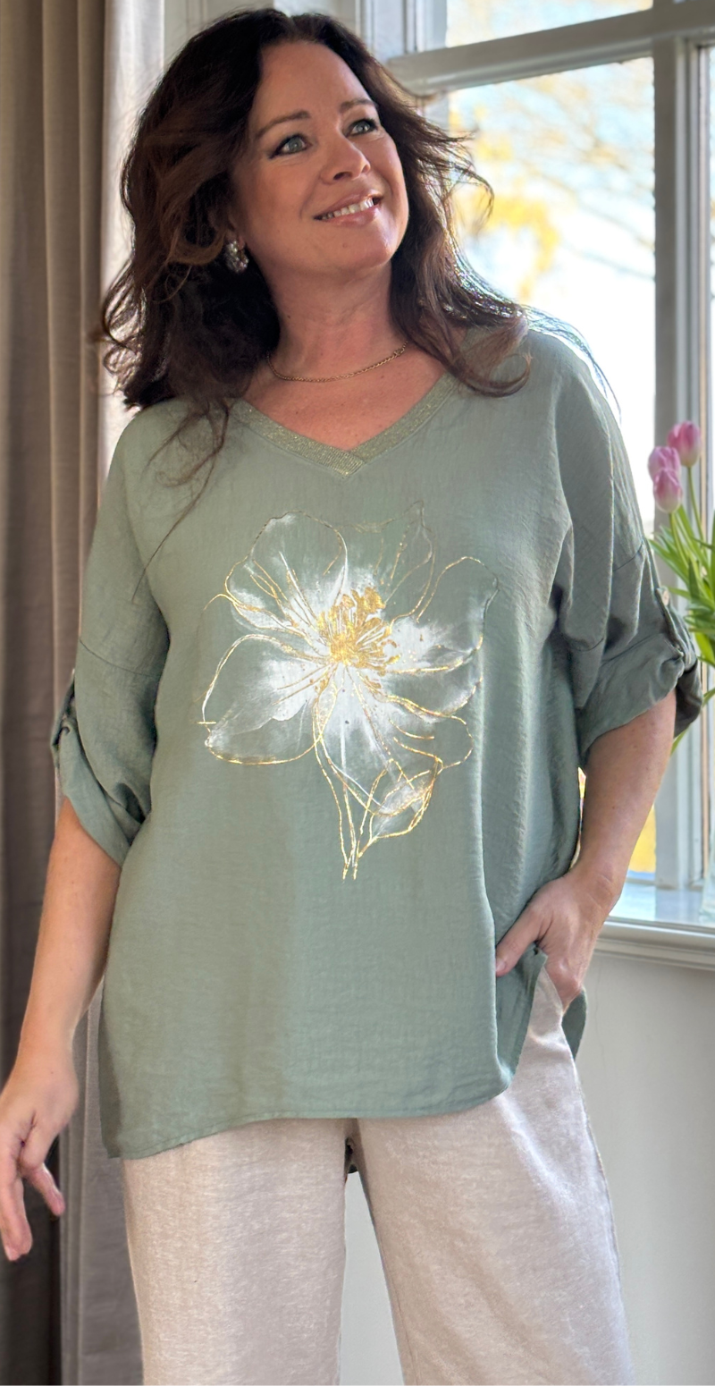 Katinka bluse med blomsterprint khaki