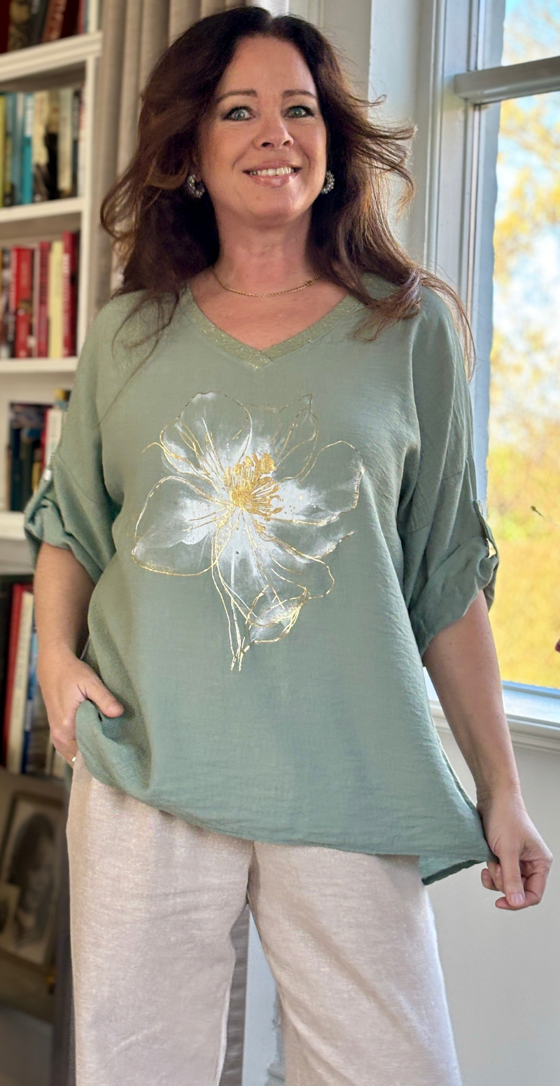 Katinka bluse med metallisk blomsterprint khaki