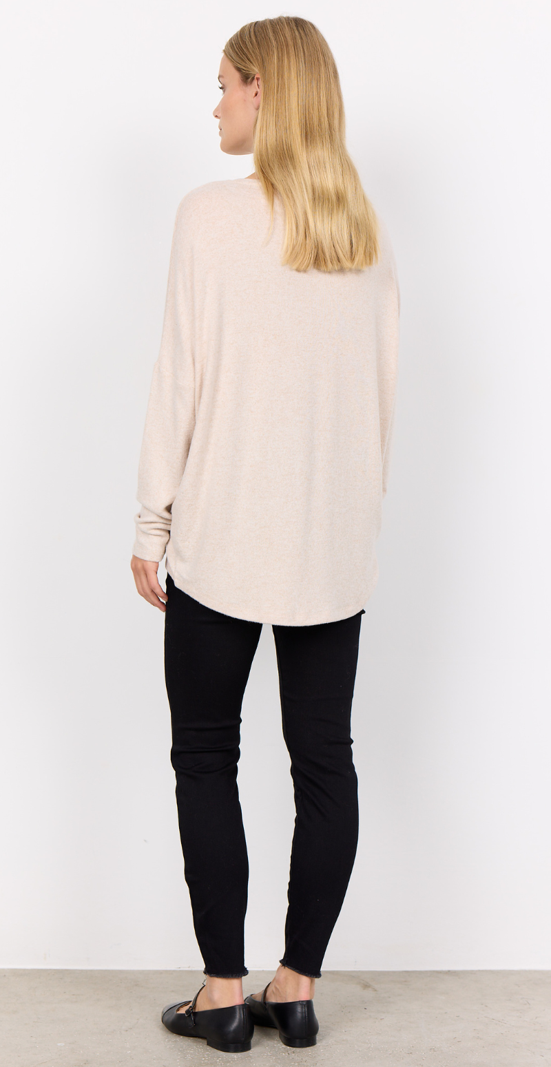 Olivia strikbluse med rund hals creme