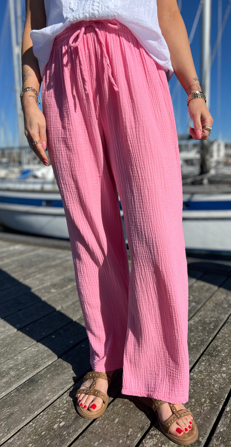 Santana bukser i bæk og bølge med bindebånd pink