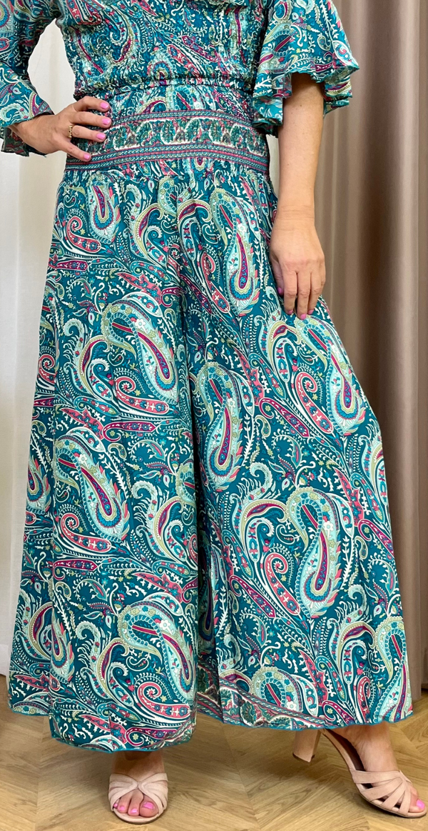 Gaia brede silke bukser med paisley print petrol Likelondon