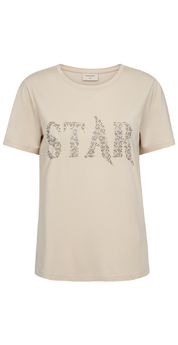 T-shirt med sten på brystet med teksten "Star" creme