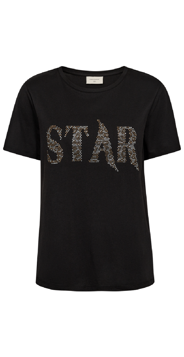 T-shirt med sten på brystet med teksten "Star" sort forfra