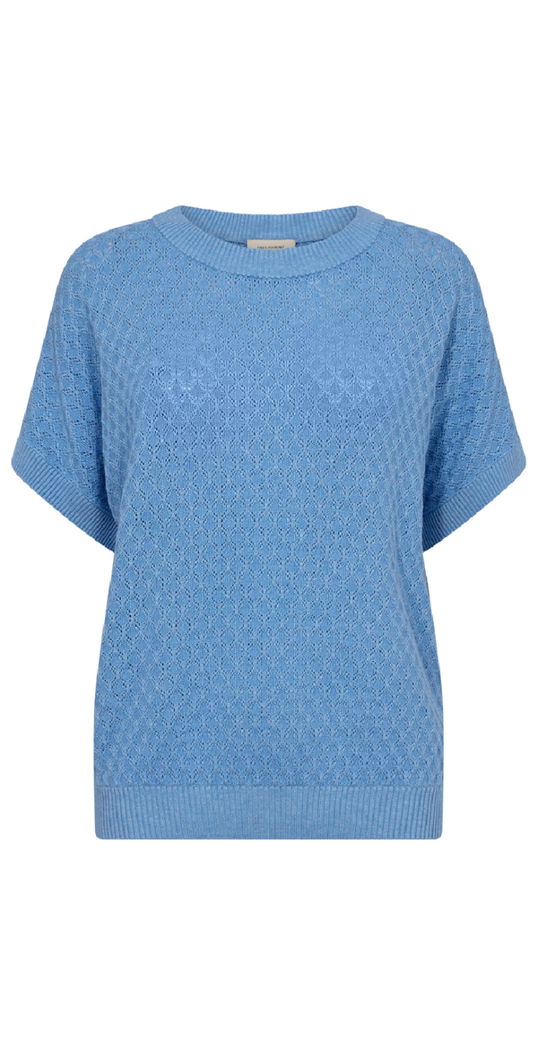 let strikket pullover med hulmønster blå 1