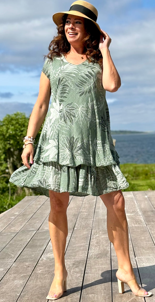 Simone kjole med blade i to lag khaki LikeLondon