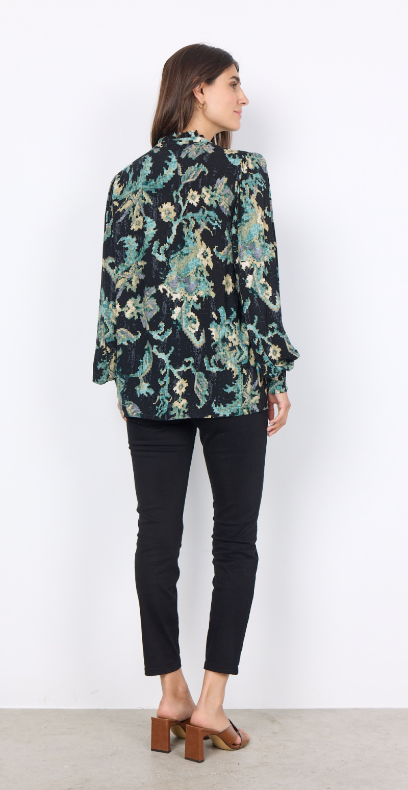 Bluse med split hals og print grøn