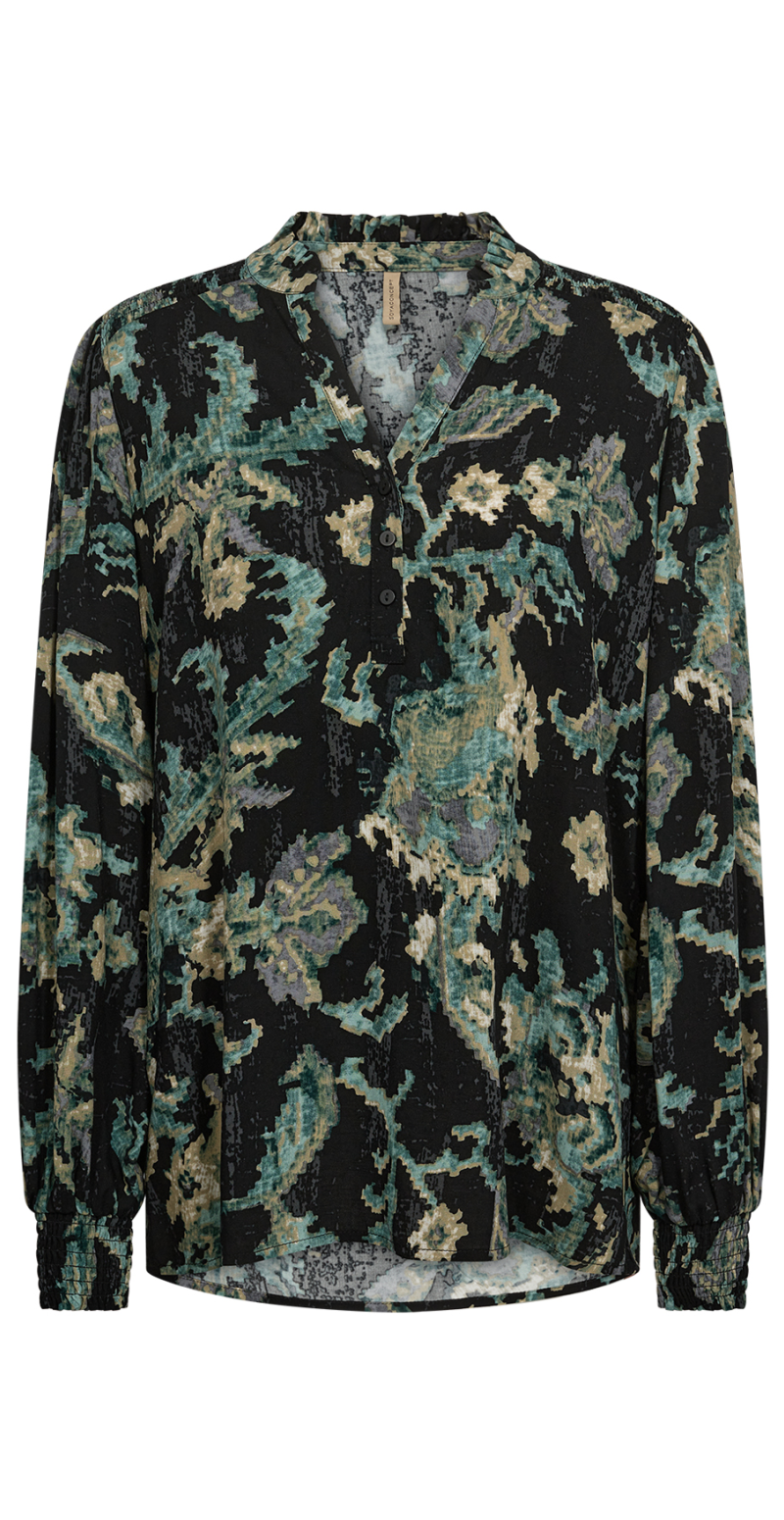 Bluse med split hals og print grøn