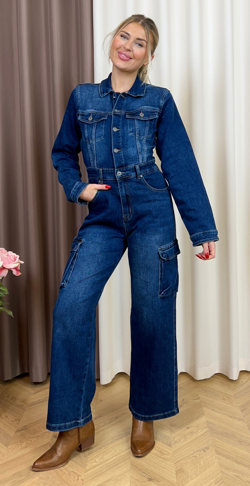 Elina denim-jumpsuit med lommer mørk denim LikeLondon