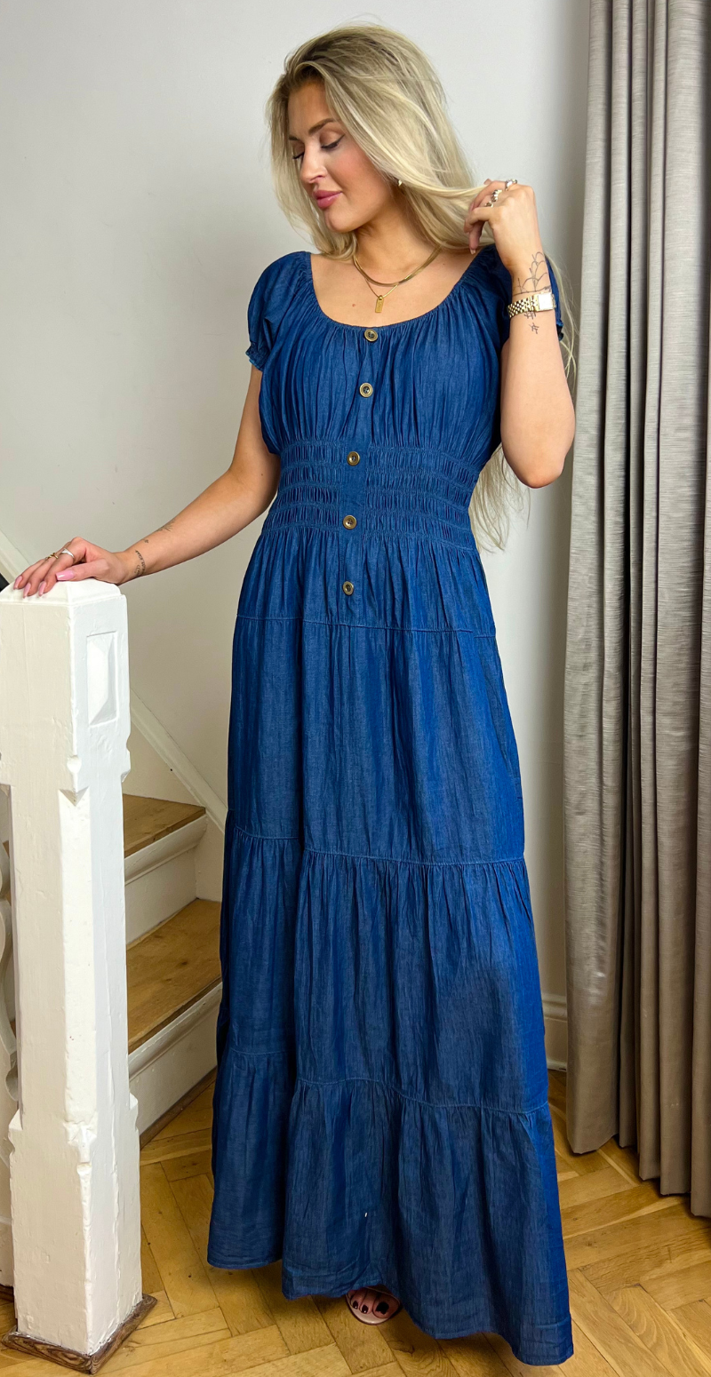 Amber lang kjole i denim med smock detaljer