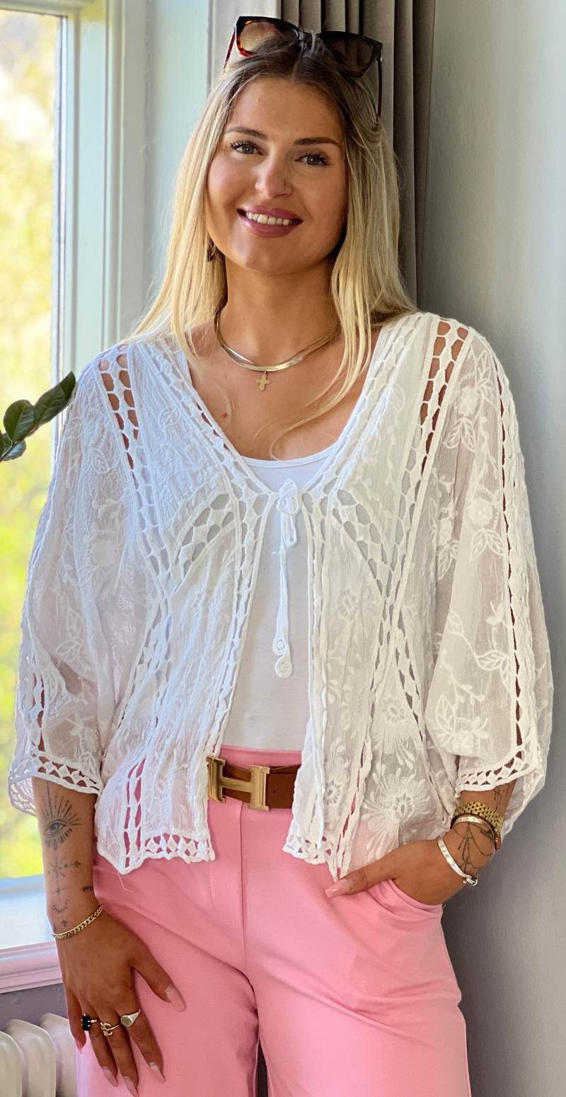 Vivi blonde cardigan med hæklede detaljer hvid LikeLondon