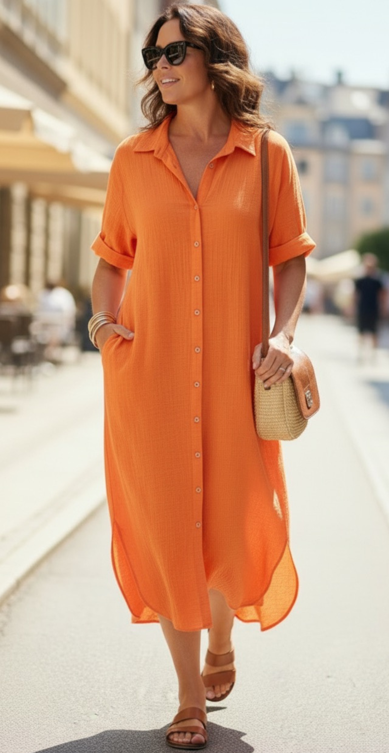 Forudbestil uge 16 Ella gennemknappet kjole i musselin orange LikeLondon