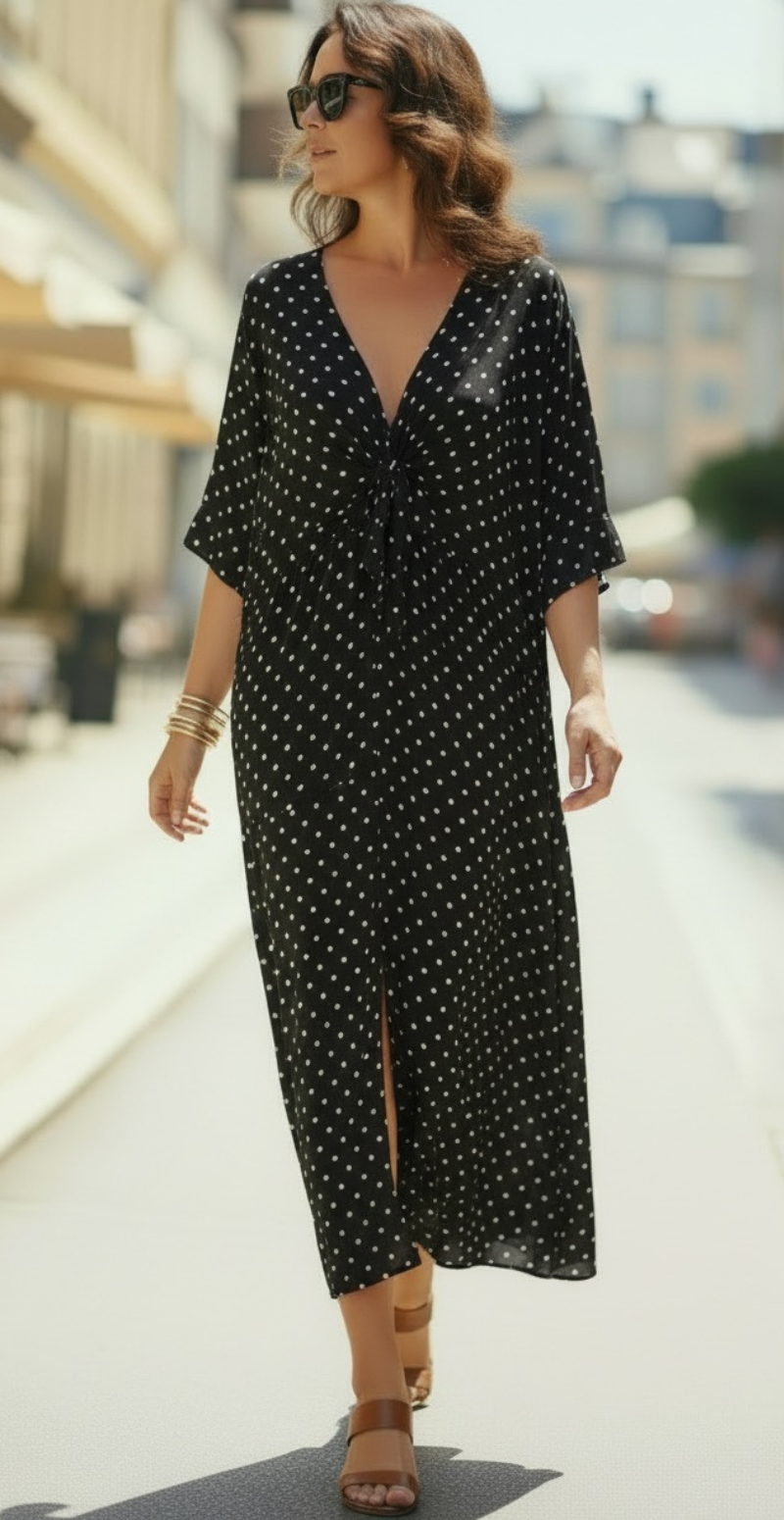 Annie kjole med knudedetalje og polkaprikker sort LikeLondon