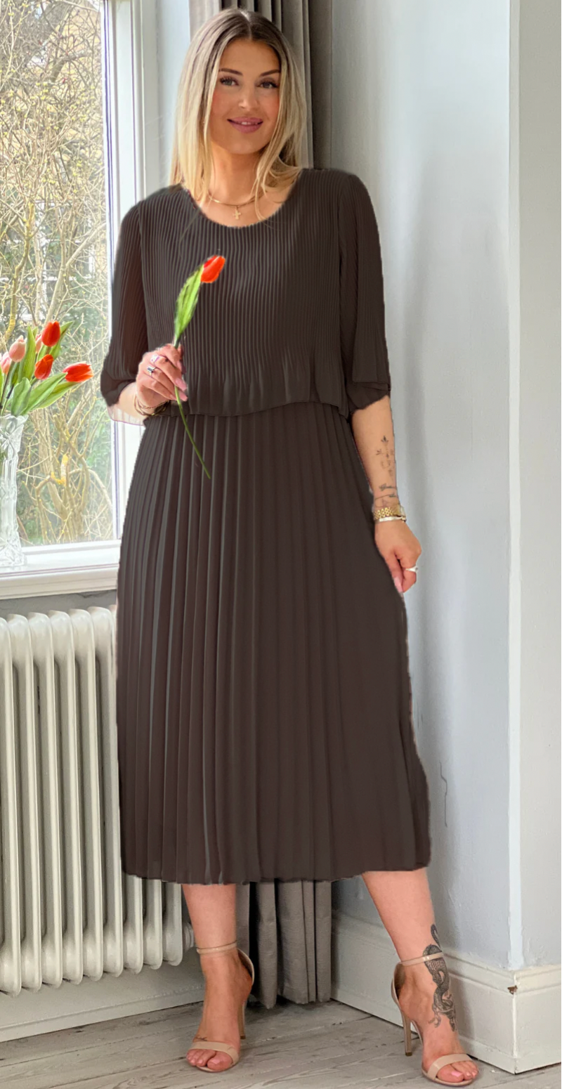 Carmen plisseret kjole med elastik i taljen brun LikeLondon
